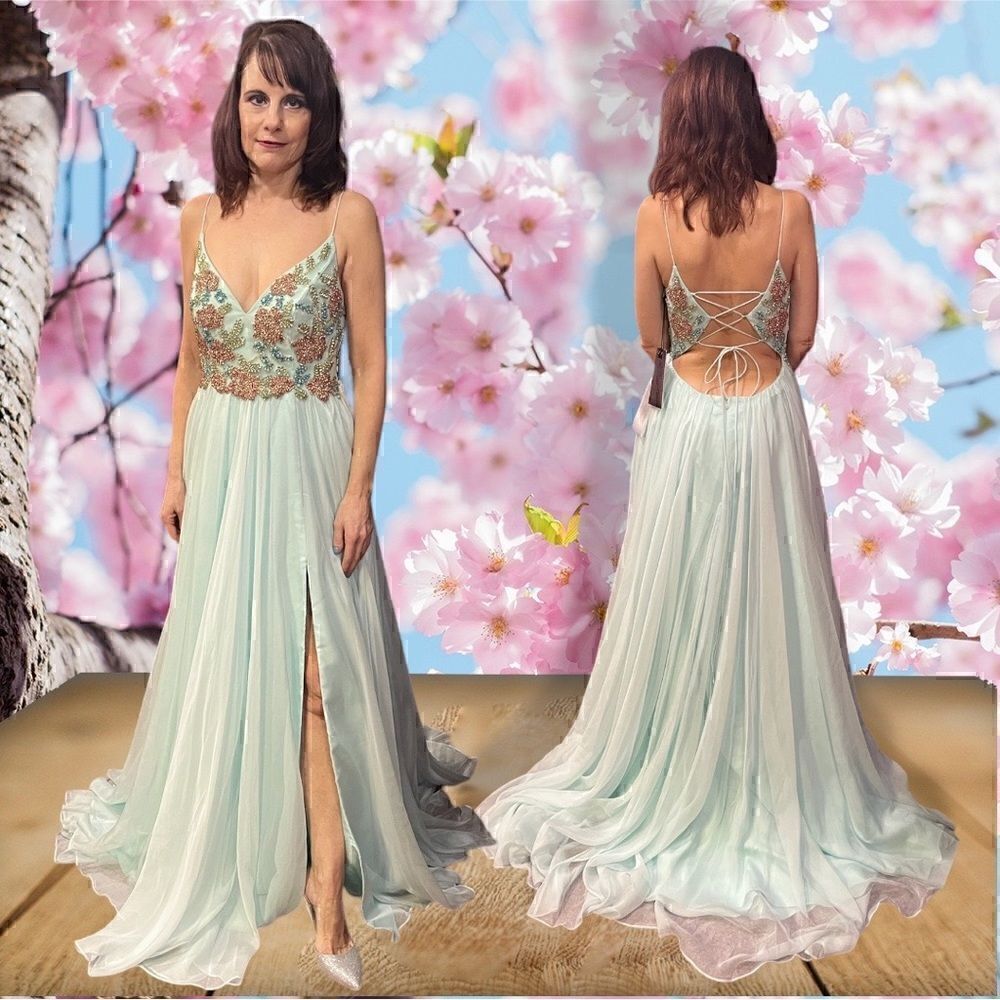 Mac Duggal Light Blue Embellished Tulle Evening Gown Lace Up Back Slit Dress - Picture 2 of 8
